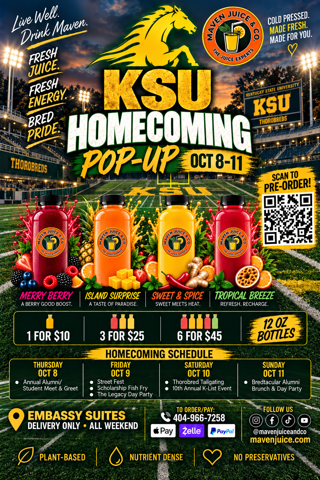 Maven Juice and Company KSU Homecoming Pop-Up flyer for October 8 through 11